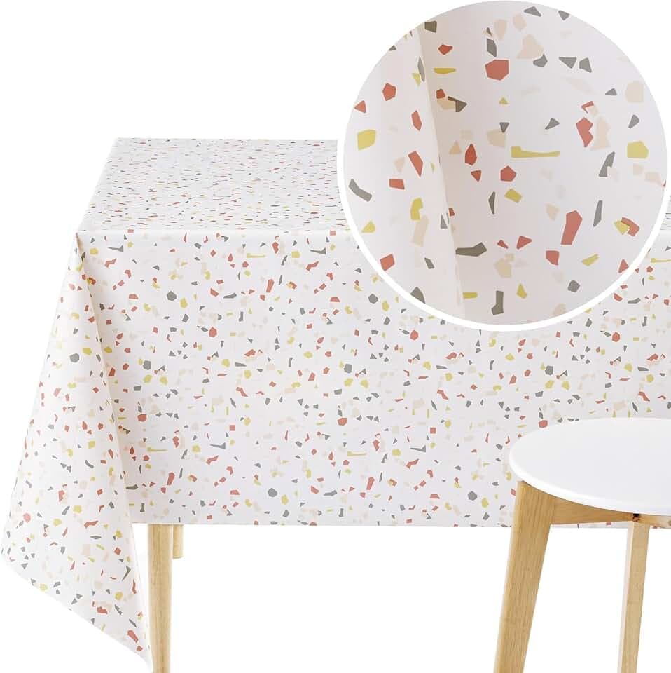 KP HOME Abwischbare PVC-Tischdecke, quadratisch, Wachstuch, 140 x 140 cm, Terrazzo-Muster, Kunststoff-Tischdecke, abwischbar, Vinyl-Wachstuch, wasserdicht, 140 x 140 cm, Cremeweiß
