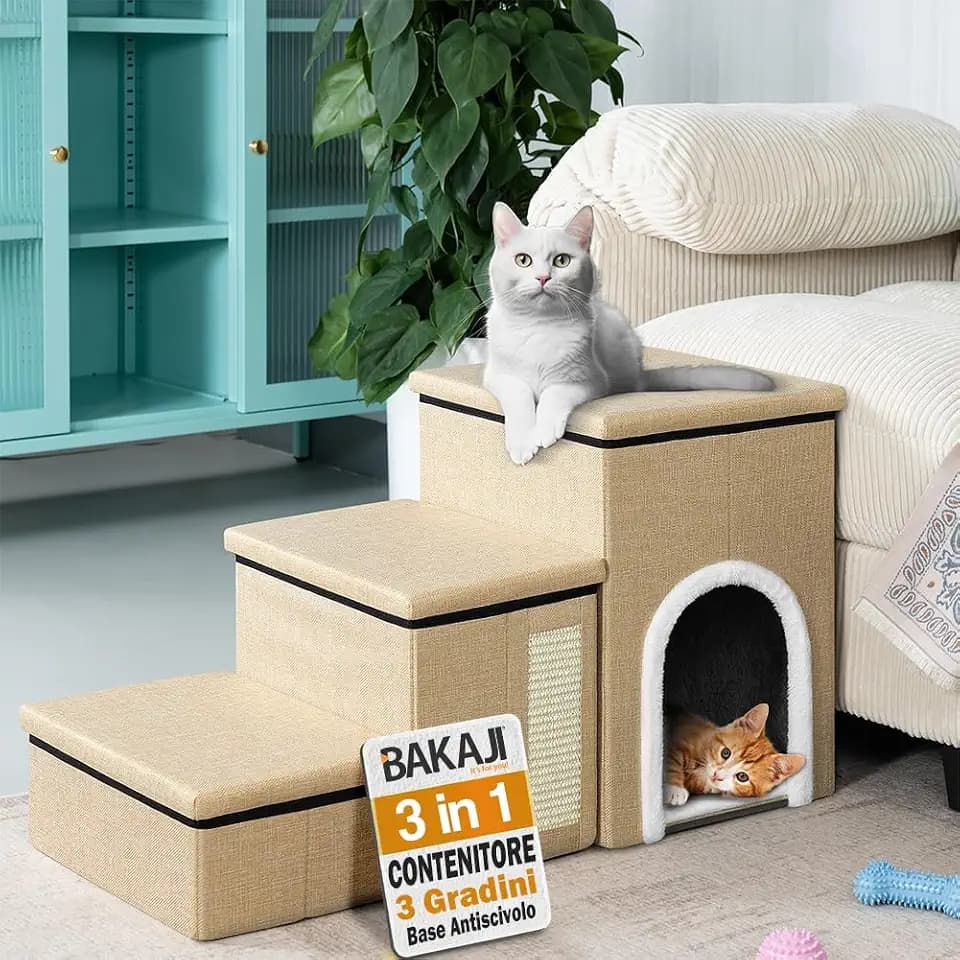 BAKAJI 3-in- Klapptreppe für Hunde und Katzen, aus Polyester, Beige, multifunktionale Leiter für Staufach und Hundehütte, ergonomische Stufen, rutschfeste Unterseite