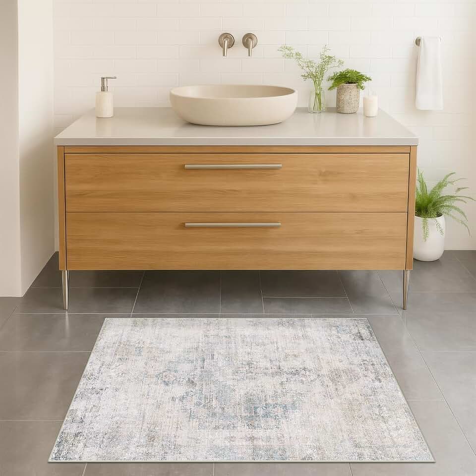 Light Blue 2x4 Runner Rug for Bathroom, Entryway Indoor, Kitchen Floor Waterproof, Powder Room, Washable Non Slip Low Pile Stain & Fade Resistant, Modern Eclectic Dusty Blue Décor, Distressed Design