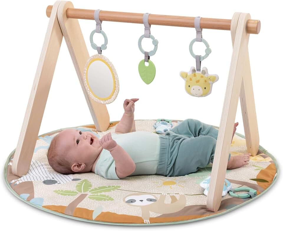 Ingenuity Wonder & Wood Baby Spielmatte & Holzspielzeugbogen - Spielgerät für Baby, faltbare A-Rahmenstange mit 3 herausnehmbaren Spielzeugen, maschinenwaschbare Matte, Unisex, für Alter 0-36 Monate