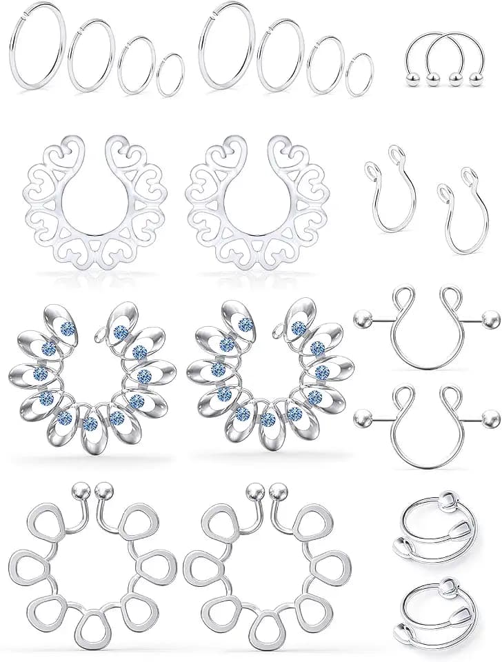 SCERRING Fake Nipple Ring Stainless Steel Non-Piercing Nipple Rings Clip On Nipplerings Faux Body Piercing Jewelry for Women Men 11 Pairs