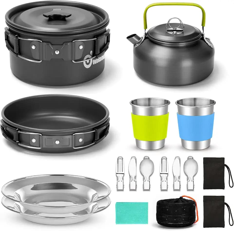 Odoland 19pcs Camping Cookware Mess Kit, Lightweight Pot Pan Kettle Set