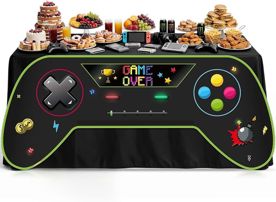 Shappy 2 Pack Video Game Party Decoration 7 x 11 ft Gaming Table Cloth 6 ft Large Game Controller Decoration Polyester Washable Gaming Theme Table Cover for Gamer Player Birthday Party Decor
