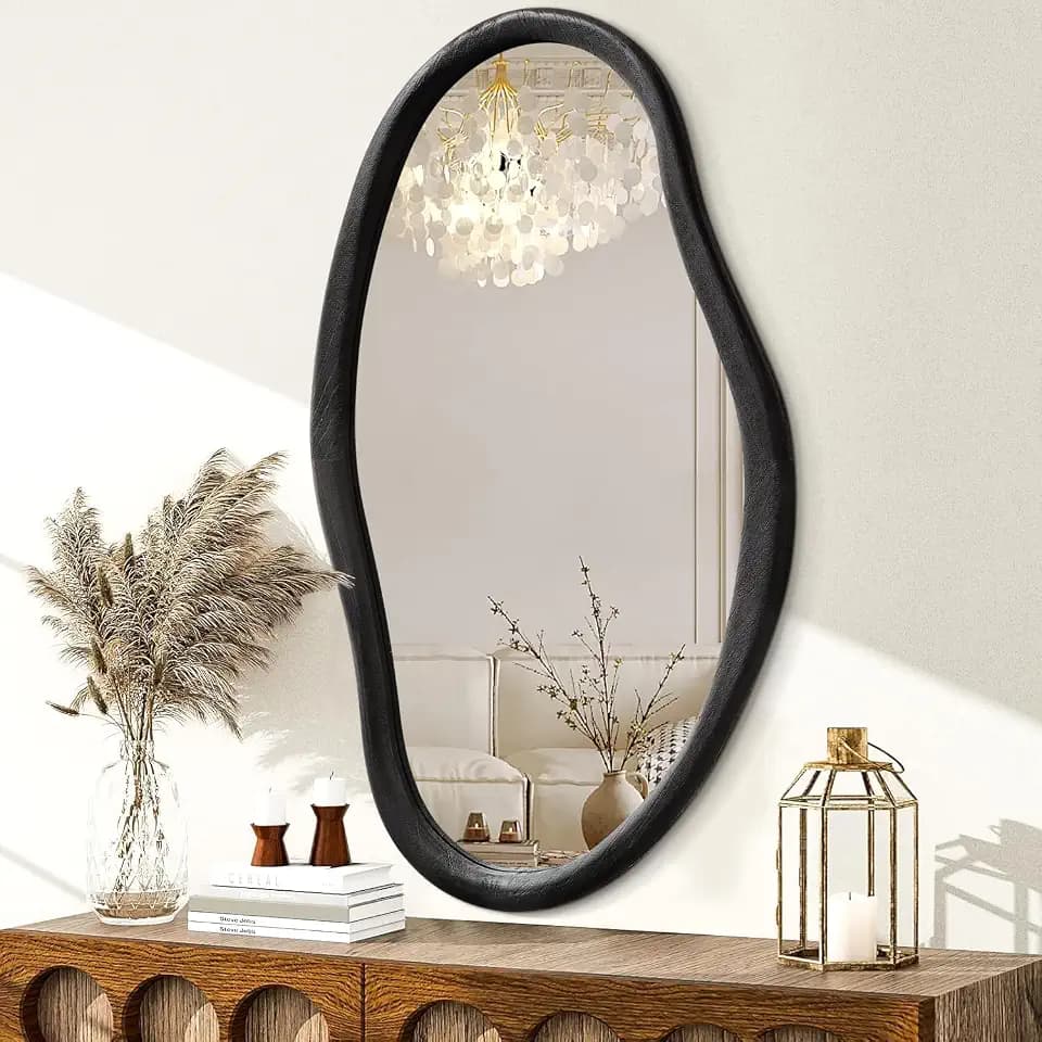 JJUUYOU Irregular Wall Mirror Black Asymmetrical Wooden Mirror 30"x18" Large Home Decorative Wall Mounted Vanity Mirrors for Bathroom Dressing Room Living Room