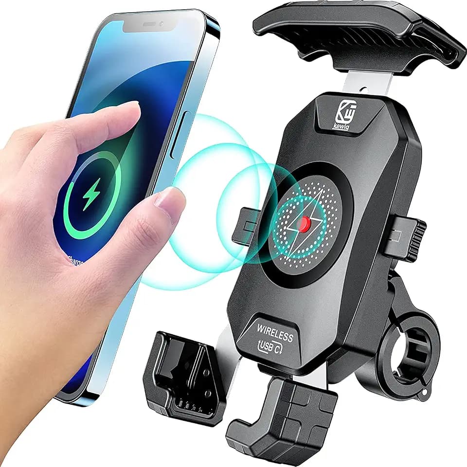 KEWIG Handyhalterung Fahrrad,15W kabellos und USB-C 20W, 360° Drehbar Motorrad Fahrrad Handyhalterung Wasserdicht, Passend für 4-7 Zoll Phones