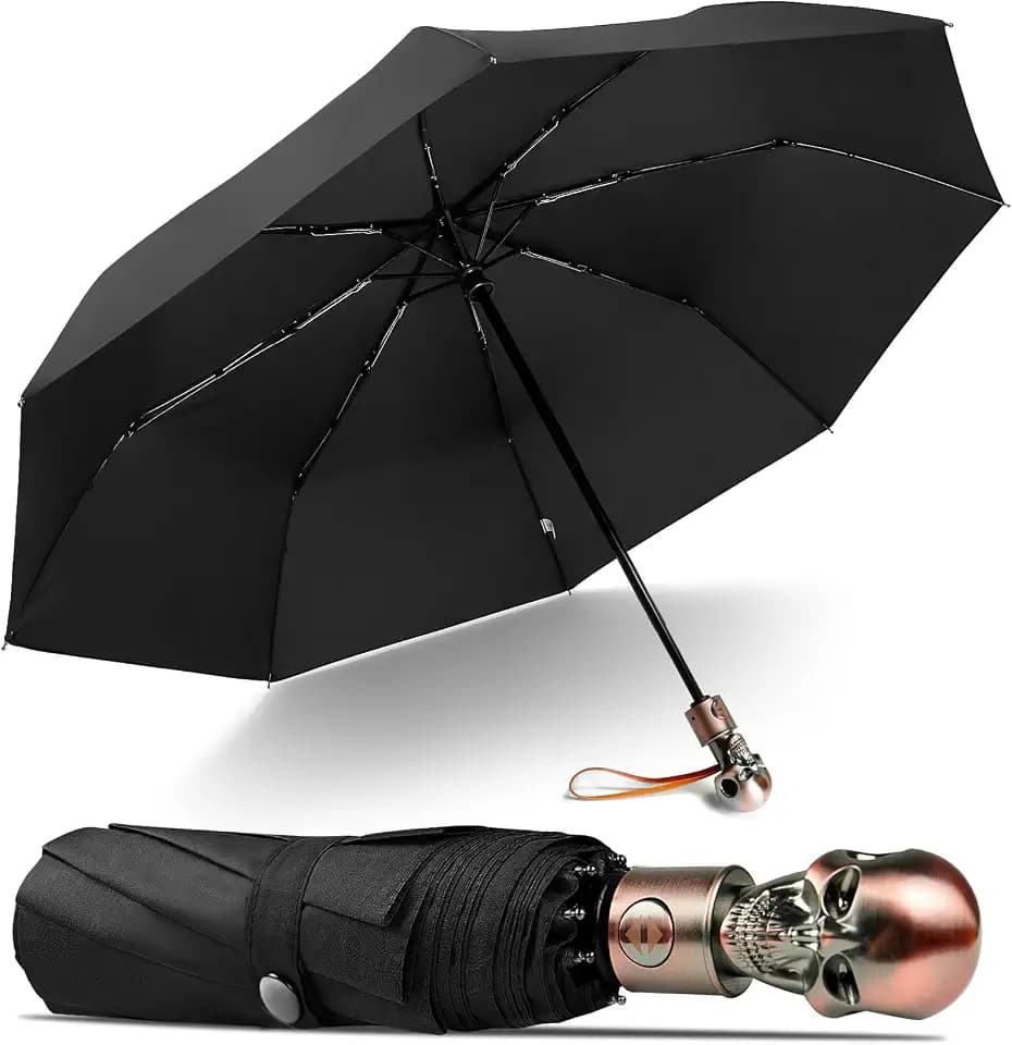 Skull Handle Windproof Travel Umbrella Compact Portable, Auto Open Close