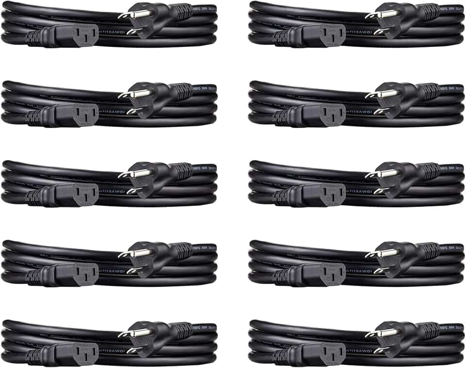 Amazon Basics PC Power Cord for Monitor, Computer, TV, 3 Prong, 18 AWG, 125 Volts, 6 feet, Black, 10-Pack, UL Listed
