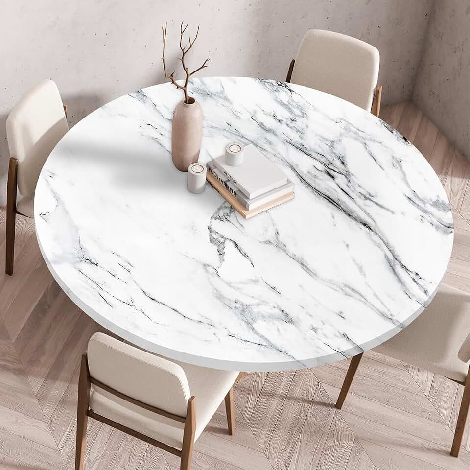 Highdi Tischdecke Abwaschbar Rund 100cm, Elastisch Mármol Druckbar Tischdecke Outdoor Lotuseffekt Tischdecken Table Cloth für Garten Restaurant, Ideal für 90cm-95cm