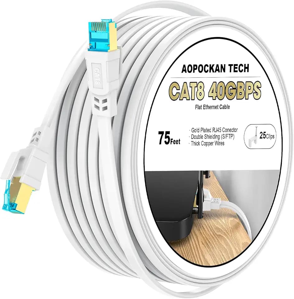 Cat 8 Ethernet Cable 75 ft, Shielded Flat RJ45 Network LAN Cable