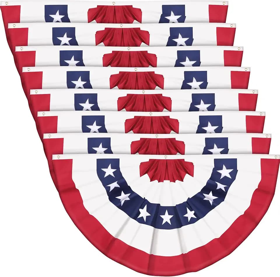Tegeme 2 x 4 Feet American Flag Patriotic Bunting Outdoor 250th Anniversary Pleated Fan Flag 4th of July Decoration Half Fan Bunting Flags with Canvas Header Metal Grommets for Yard Decor (8 Pcs)