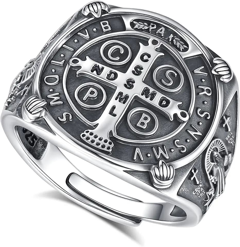 EUDORA S925 Sterling Silver St Benedict Ring San Benito Rings for Women Men, Vintage Saint Benedict Amulet Adjustable Ankh Cross Ring Christian Catholic Jewelry Gifts for Women Mens Mother Father