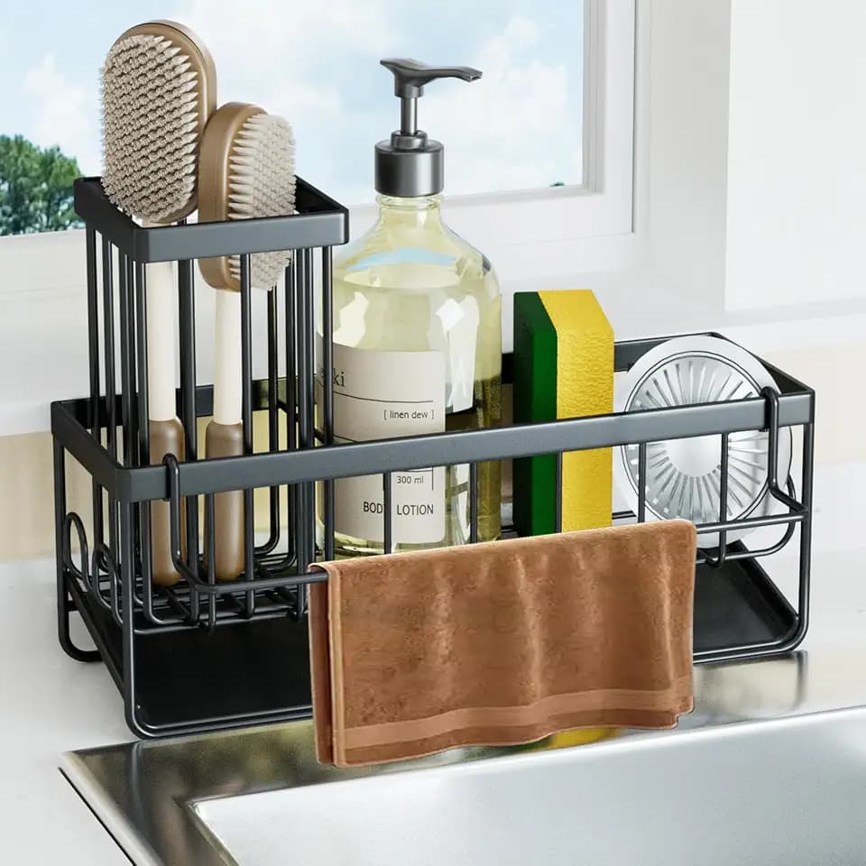 Spülbecken Organizer Küche Schwammhalter - Spüle Organizer mit Spültuchhalter und Bürstenhalter, Metall Sink Organizer mit Automatisch Abflusspfanne (Schwarz)
