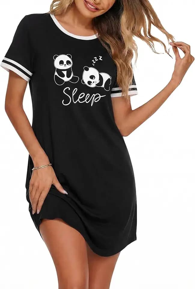 Marvmys Nachthemd Damen Kurzarm Schlafshirt Baumwolle Printed Sleepshirt Sommer T-Shirt Schlafhemd Frauen Nachtwäsche Schlafkleid