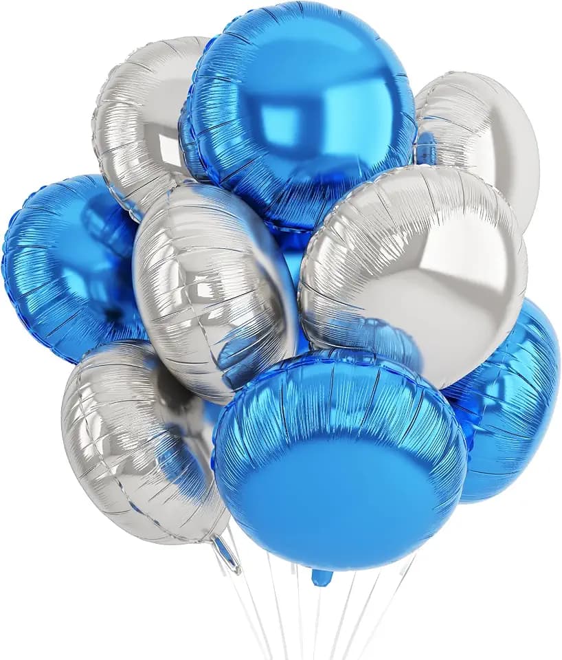 20PCS Blue Silver Round Shaped Foil Balloons, 18 Inch Round Foil Balloon, Round Aluminum Giant Helium Balloon For Birthday Party Wedding Graduation Baby Shower Festival Celebration Decoration
