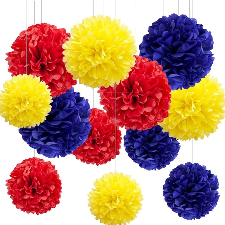12pcs Red,Blue and Yellow Paper Pom Poms,Hanging Ceiling Tissue Flowers for Carnival Theme Birthday Party Decorations