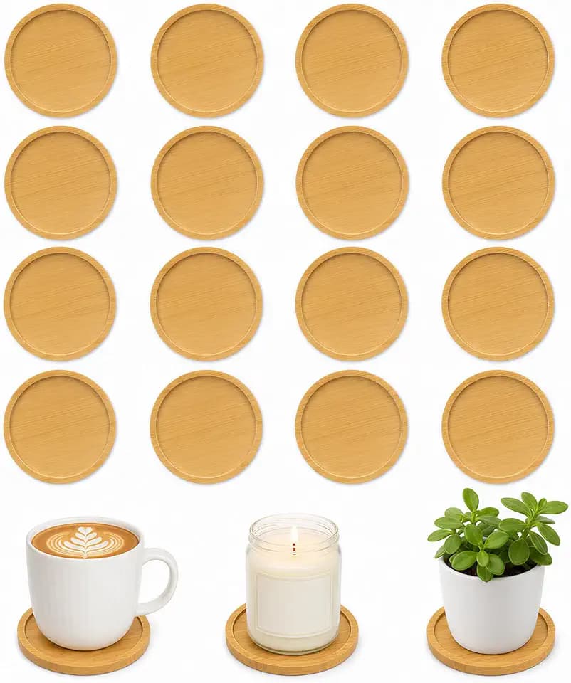16 Stück Bambus Untersetzer, Untersetzer Holz, Kerzenuntersetzer, 9.5cm Holzuntersetzer Round, Mosaik Untersetzer, Kerzenteller Holz, für Getränke Tassen Bastelarbeiten Trinkbecher Kerzen