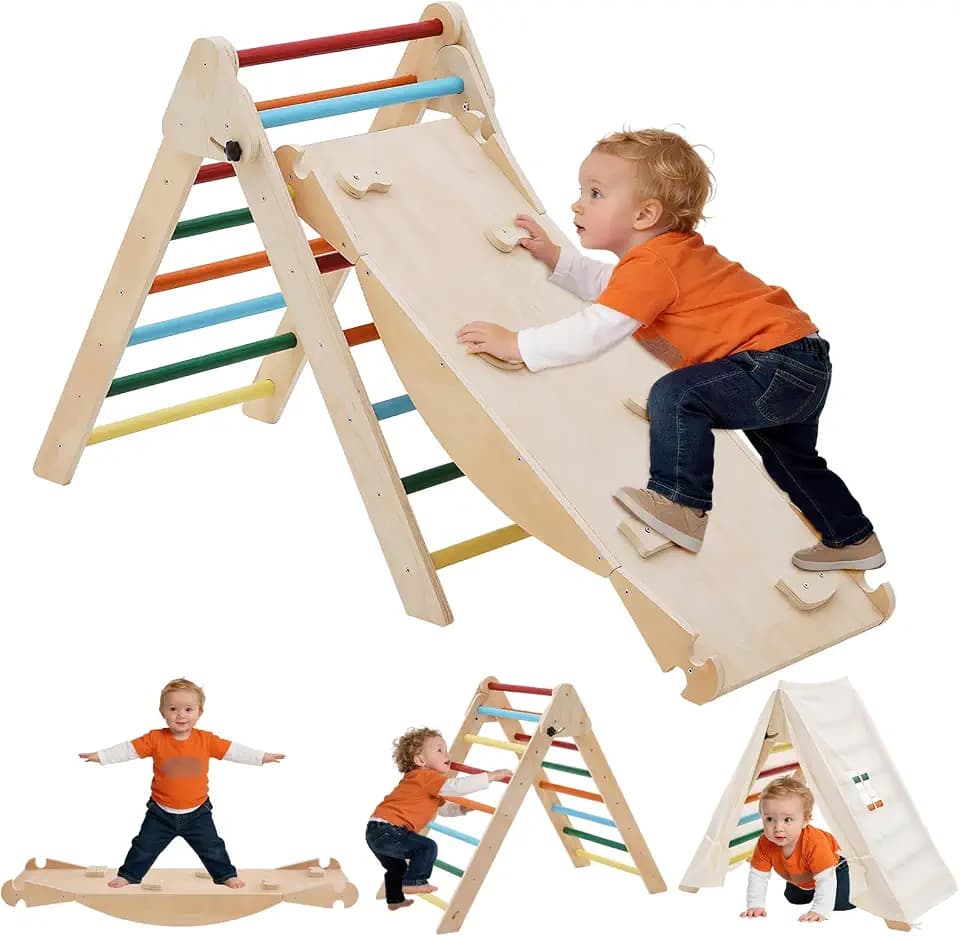 5-in-1 Montessori Kletterdreieck, Klettergerüst Indoor mit Rutsche, Kletterleiter und Zeltdach, Wippe, Faltbares Holz Klettern Spielzeug Indoor Outdoor Set, Indoor Spielplatz 1-5 Jahre