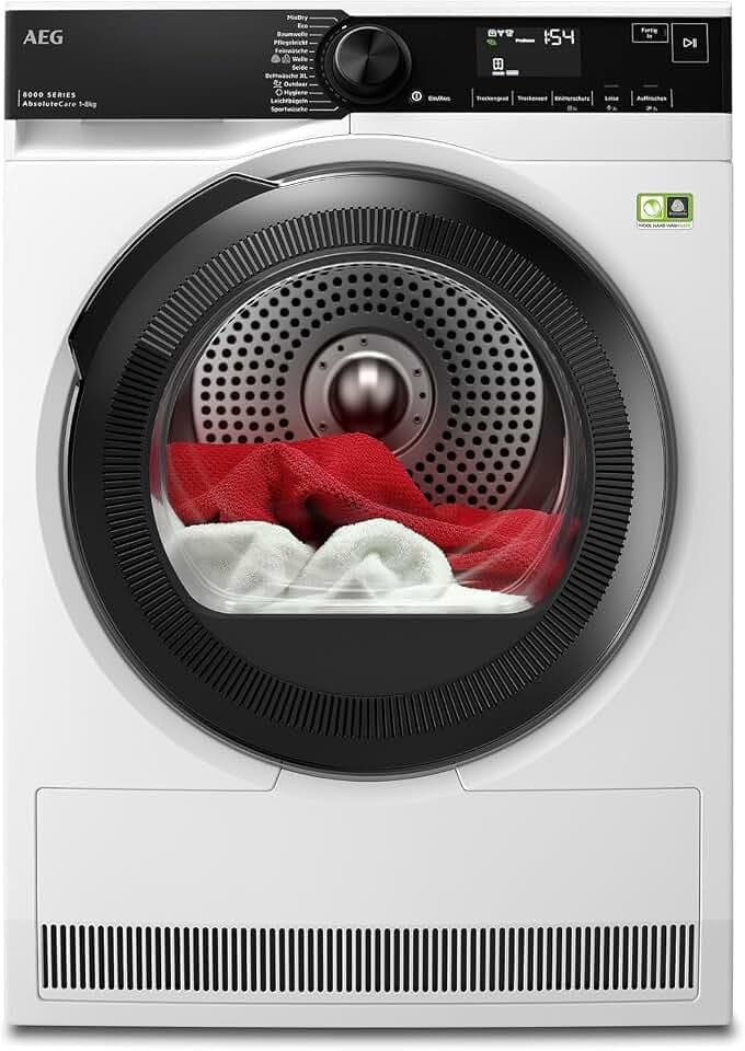 AEG Wärmepumpentrockner 8kg, Testsieger der Stiftung Warentest 2025, neue Energiekl. B, Serie 8000 AbsoluteCare Wolle- & Seidetrocknung, Mengenautomatik, Knitterschutz, Reversierautomatik, TR8T75780