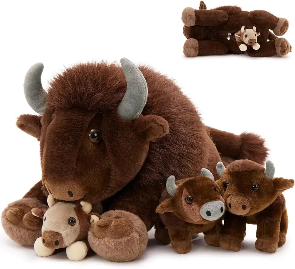 MorisMos Bison Stuffed Animal, 18inch Mommy Bison with 3 Babies