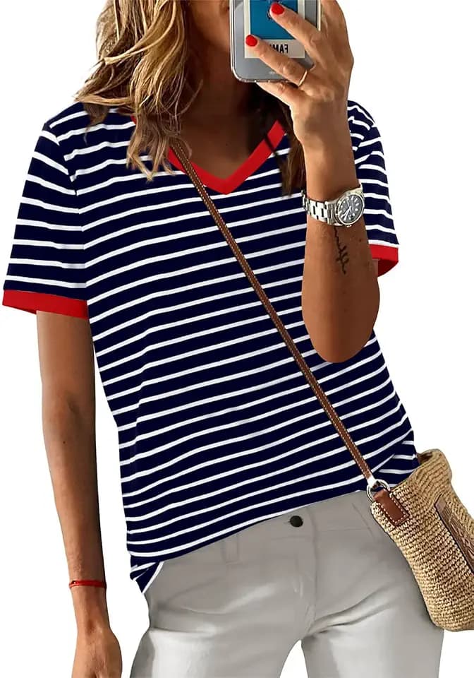 ONLYSHE Womens Short Sleeve Shirts Casual Crewneck Tops Tshirt Basic Tees Summer Fashion Strpied Clothes Outfits Tunic