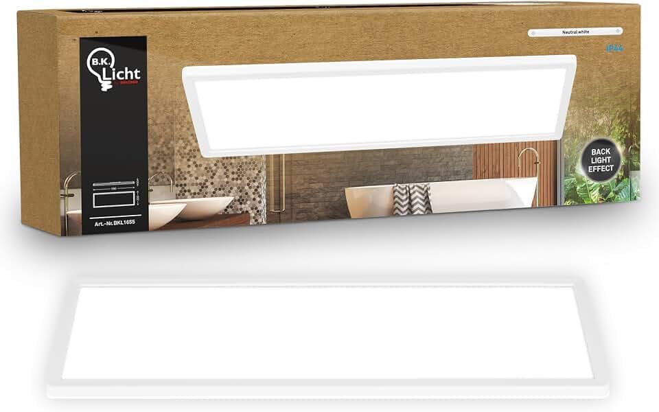 B.K.Licht - LED Deckenlampe mit indirektem Licht, Flach, Neutralweißes Licht, IP44, Panel, LED Lampe, Deckenleuchte, Badezimmer Lampe, Wohnzimmerlampe, Küchenlampe, 58x20x3, Weiß