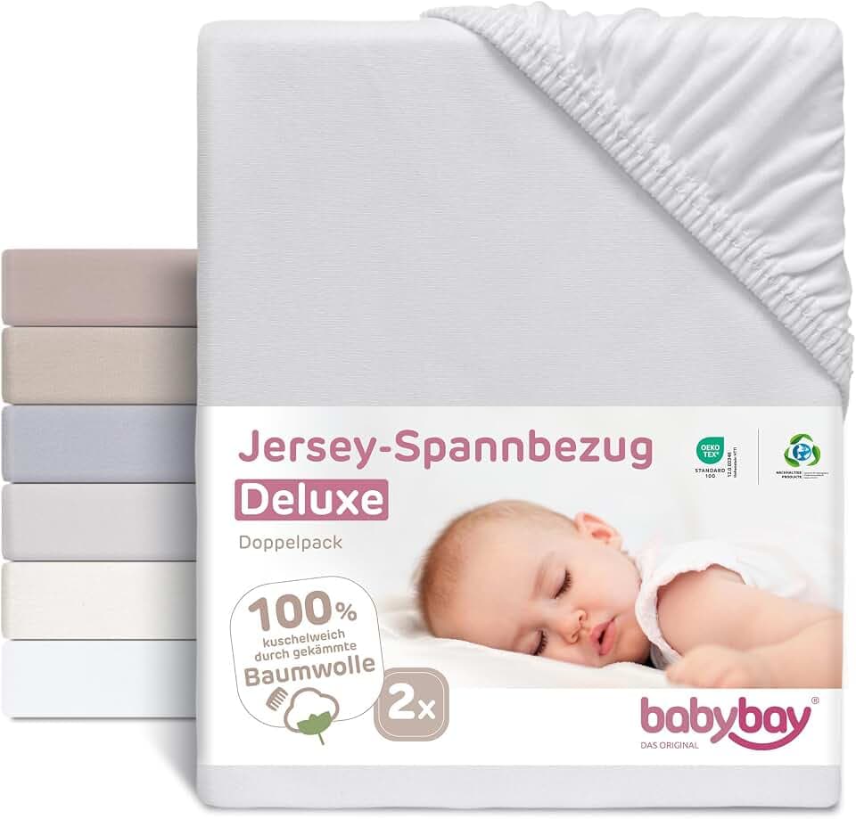 babybay Jersey Spannbetttuch Deluxe Doppelpack passend für die Modelle Maxi, Midi, Boxspring, Comfort und Comfort Plus, zartgrau, 89 x 50 cm (Doppelpack)