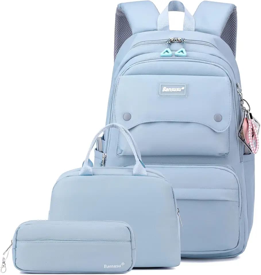 Bansusu 3Pcs Light Blue Kids Backpack for Teen Girls with Lunchbox, Blue Girls Backpack Multi-Pocket Casual School Bag, Blue