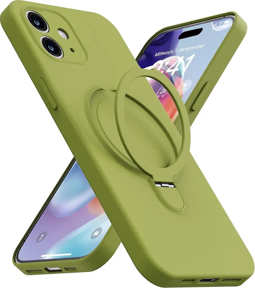 Magnetic Stand for iPhone 12 Case, Liquid Silicone, [Compatible with MagSafe][Built-in Kickstand&Ring Holder] Anti-Scratch Soft Microfiber Lining, Matcha