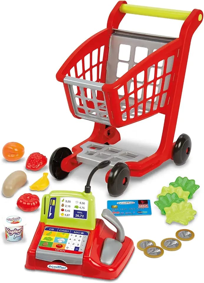 Ecoiffier Spielzeug - 1219 - Einkaufskorb für Kinder + Registrierkasse + Zubehör - 100% Chef - Ab 18 Monaten - Herkunft Frankreich Garantiert