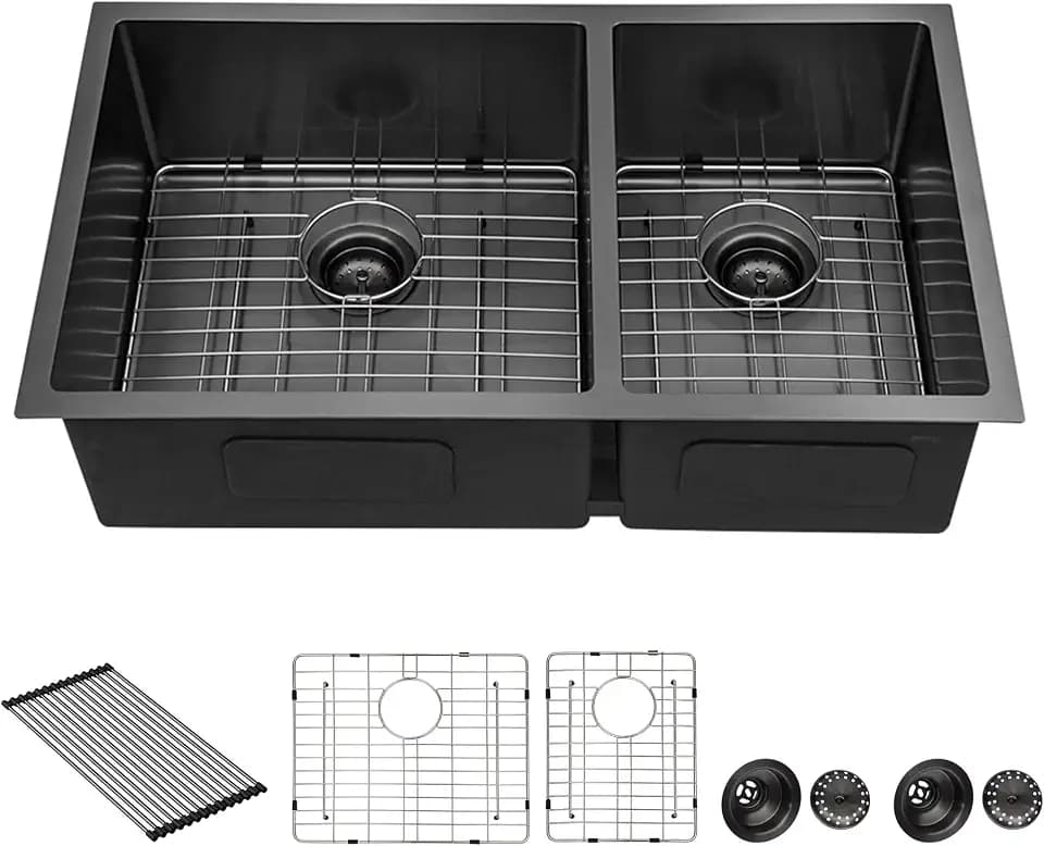 Sarlai 33 Black Kitchen Sink - 33 inch Undermount Kitchen Sink Double Bowl Gunmetal Black 16 Gauge Stainless Steel Double Sinks 60/40 Undermount Basin