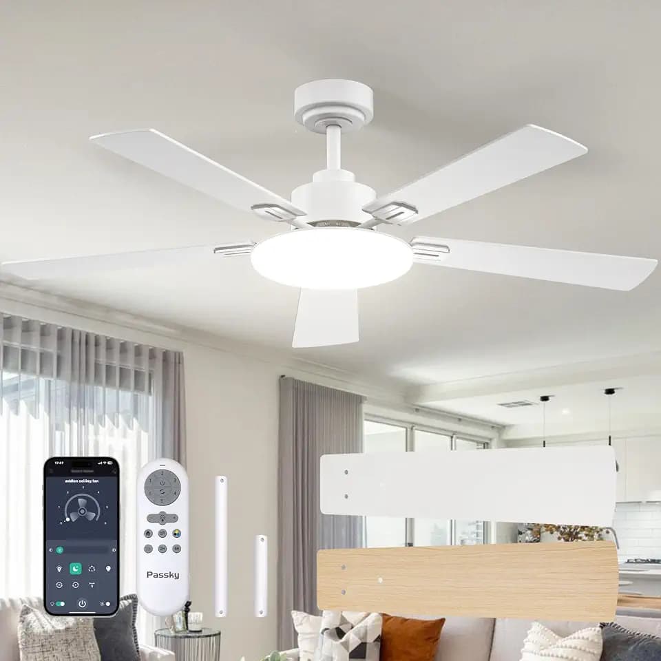 Passky 52 Inch White Sleek Ceiling Fans with Lights, Remote Control