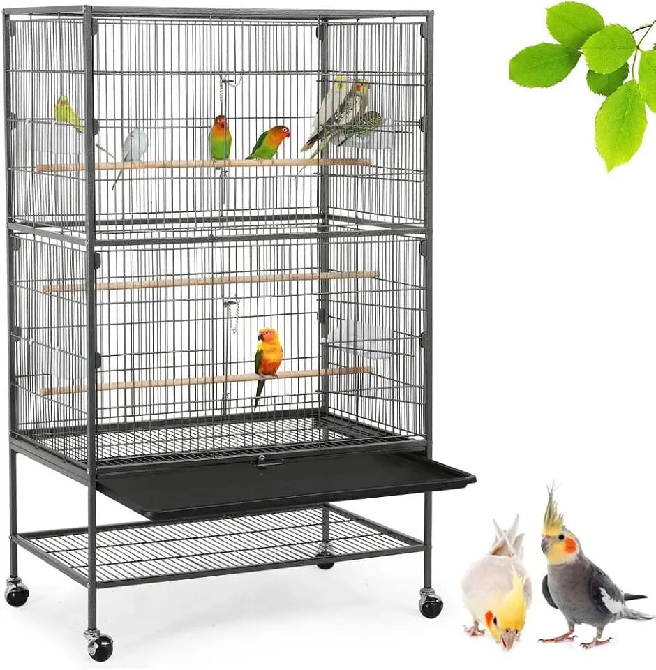 Yaheetech Vogelvoliere großer Vogelkäfig mit 2 Türen Vogelhaus mit Holzstangen und 4 Rollen mit schmutzwanneneinsatz 52 x 79 x 132 cm