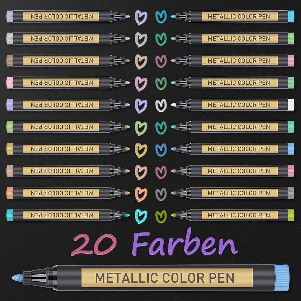 ANYUKE Metallic Stifte, 20 Farben Glitzerstifte für Fotoalbum Hochzeit zum Selbstgestalten, Gästebuch Geburtstag, Scrapbook, Goldstift zum Schwarzes Papier, Bemalen Keramik, Glas, Steine, Holz Deko