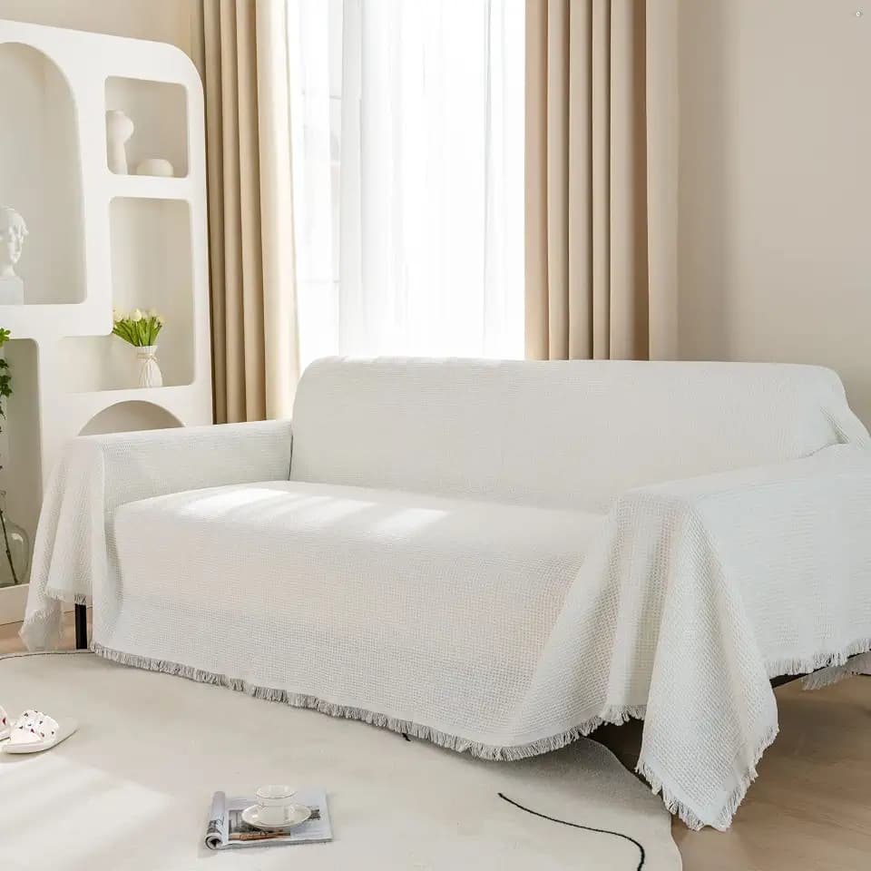 Extra Große Waffel Sofa Überwurf Vielseitige Sofa Cover Wohndecke als Sofa Überzug, Sofa bezug und Tagesdecke mit Fransen - 180x340cm, Weiß