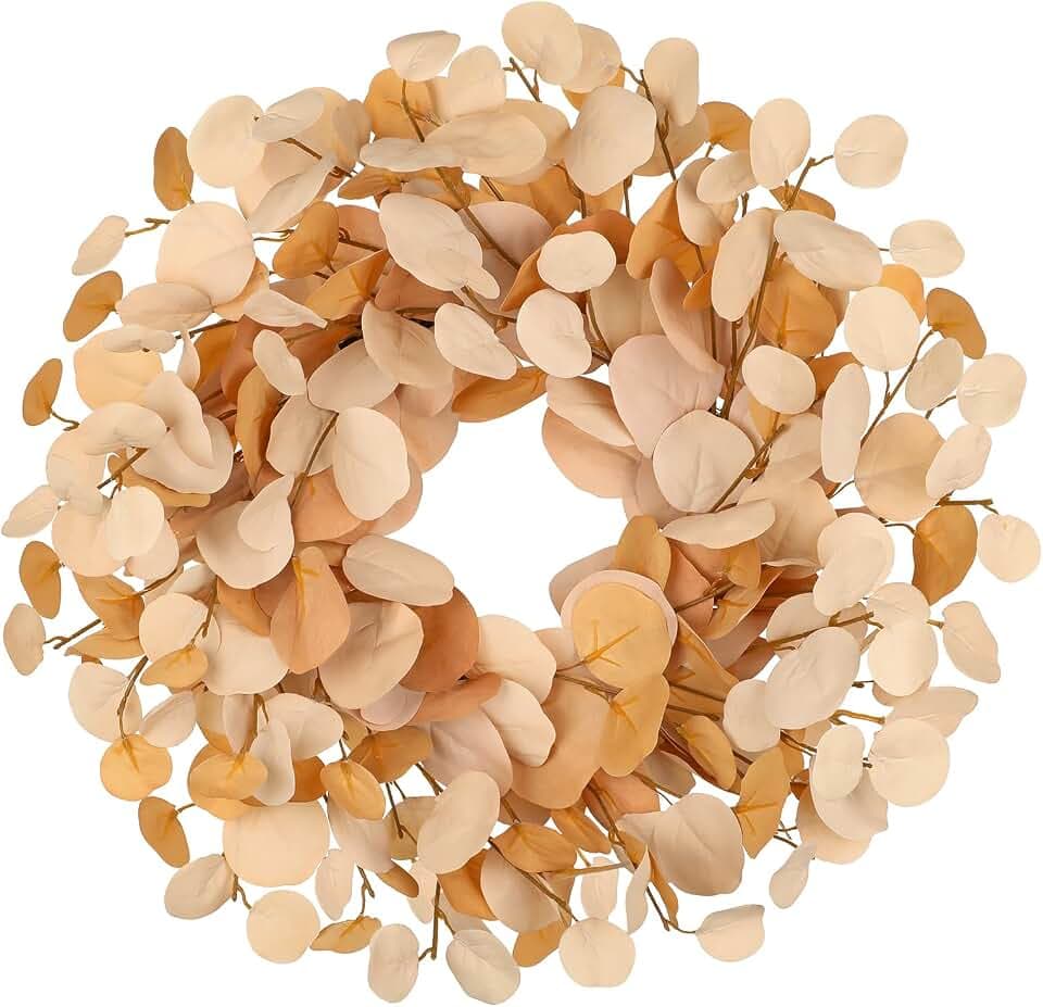 Künstlicher Eukalyptuskranz Ø 46 cm – Türkranz mit Grapevine-Basis, Dekokranz in Goldgelb – Kunstkranz für Haustür, Wanddeko, Fenster & Herbst Frühling Dekoration