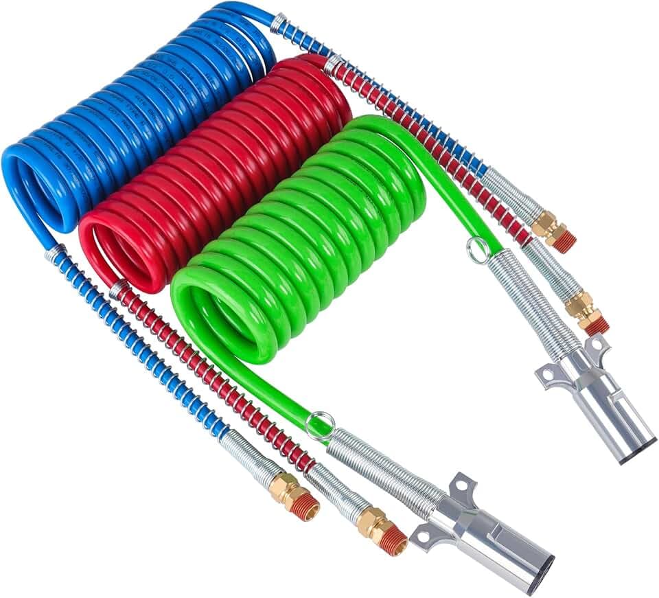 CheeMuii 15FT Coiled 7 Way Trailer Cord & Air Brake Hoses Assembly