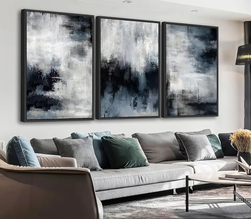 Large Framed Abstract Wall Art, Rustic Blue Canvas Prints, 24"x36"x3