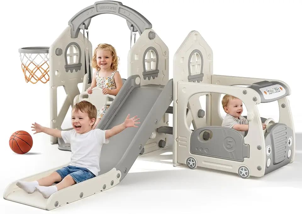 BIERUM 5-in-1 Bus Themed Toddler Slide Swing Set for Kid 1-3 Home/Backyard