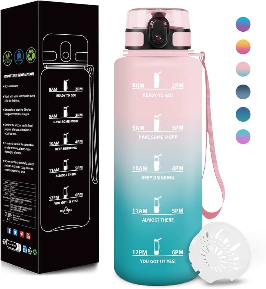 Motswedi Trinkflasche, 1500ML BPA-Frei, Wasserflasche, Auslaufsicheres Schlossdesign, Trinkflaschen, Mit Zeitmarkierung, Ttrinkflasche Sport Auslaufsicher für Sports, Camping - Rosa&Türkis
