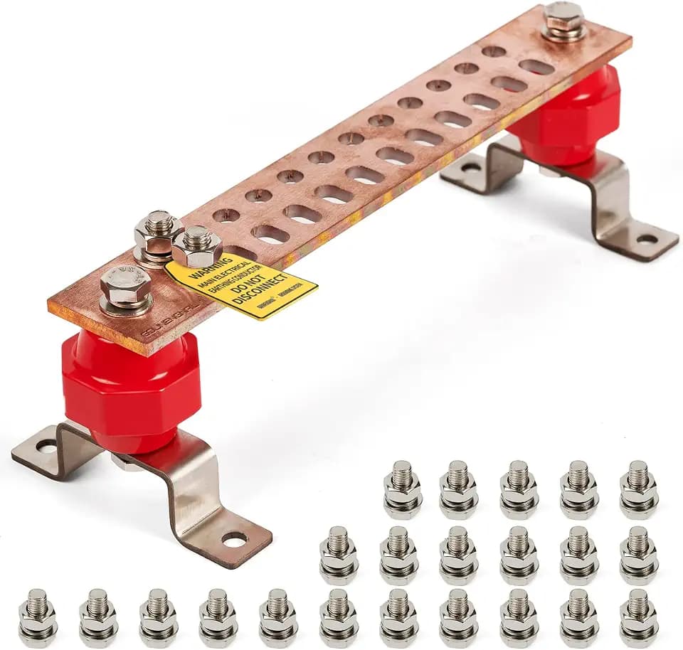 12" Heavy-Duty Copper Ground Bar Kit,Grounding Bus Bar,with 24 x 0.41’’ Holes & Slots and 2” x 2’’ Standoff Insulators Made from UL Recognized Material,2500V