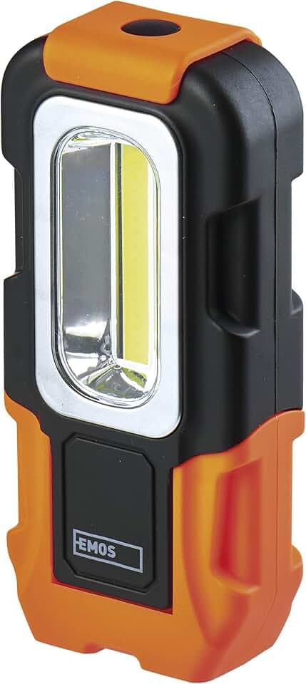 EMOS - COB LED Arbeitsleuchte - Magnetfuß, Haken, verstellbarer Griff - max. 180lm, max. 45m - 24 Stunden - stoßbeständiger ABS-Kunststoff - AAA-Batterien - für Werkstatt/Haushalt - schwarz-orange