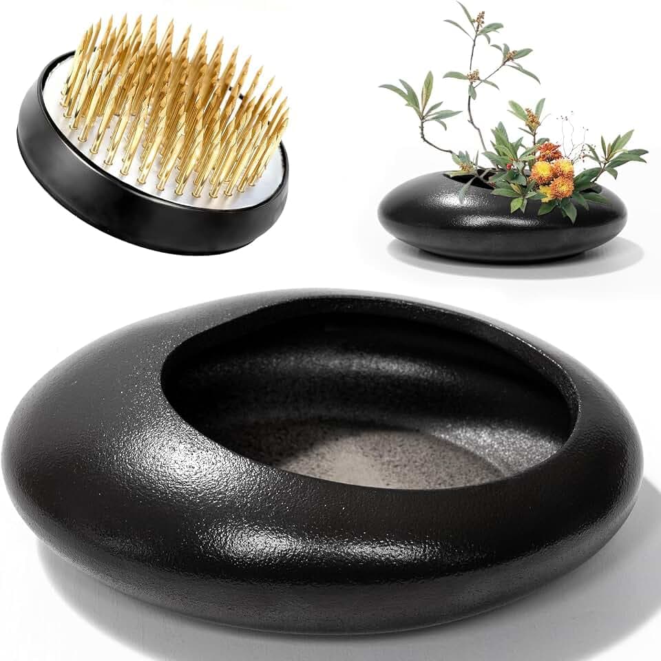Steckigel-Set mit Vase: 50mm Blumenigel aus Messing & Keramik-Tropfenvase für elegante Ikebana-Arrangements, Perfektes Steckigel Blumen Zubehör für Hochzeiten Teestuben Wohnkultur(Schwarz, Groß)