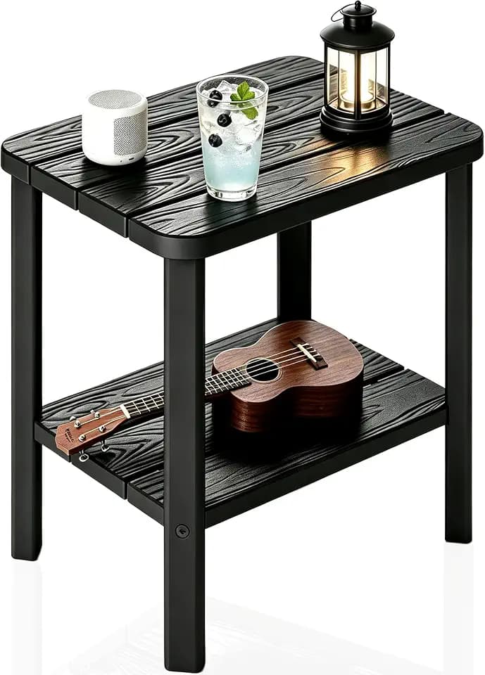 Adirondack Square Outdoor Side Table, 2-Tier Storage Weather Resistant HDPE Resin End Table, Small Side Table for Patio, Garden, Balcony, Deck, Porch, Backyard, Poolside (Jet Black, 1 PCS)