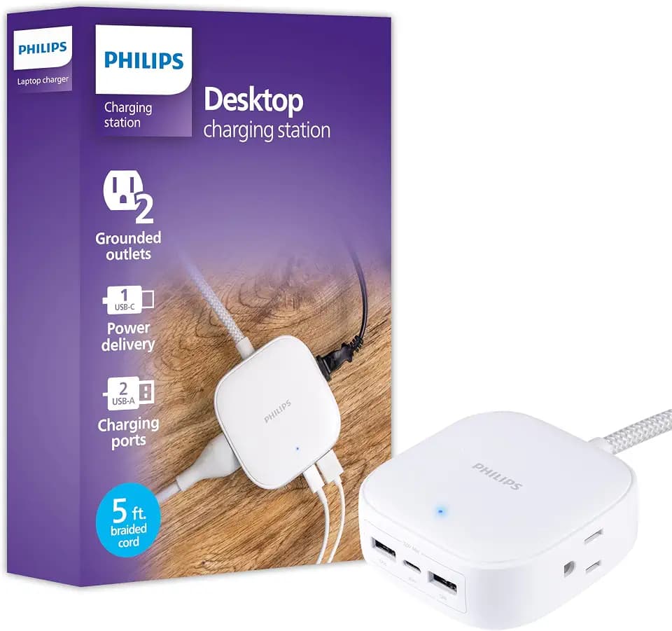 Philips Desktop Charging Station, 2 AC Outlet Extender, 2 USB-A, 1 USB-C