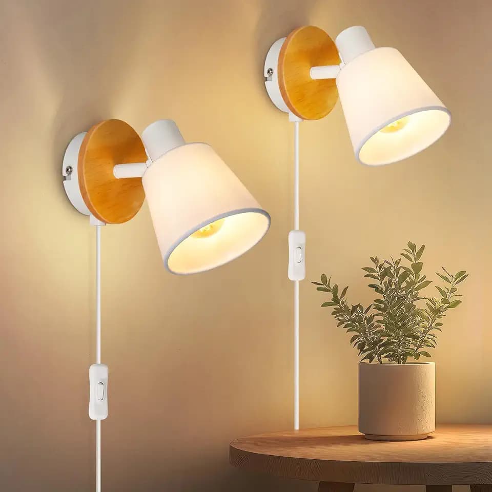 Ketom E14 Wandleuchte Innen Weiß Rund, mit Schalter und Stecker, Holz