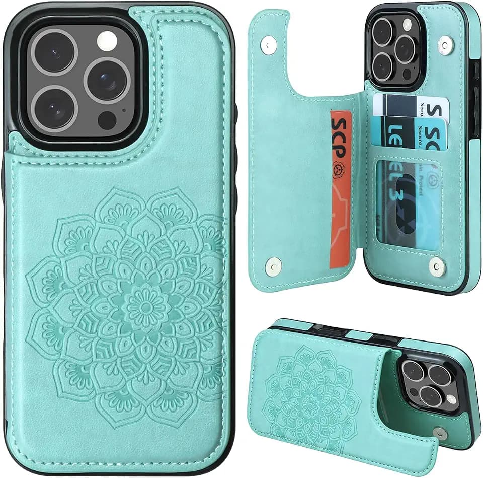 MMHUO for iPhone 16 Pro Case with Card Holder,Flower Magnetic Buttons Protective Wallet Case for Women for iPhone 16 Pro (6.3 Inch),Mint