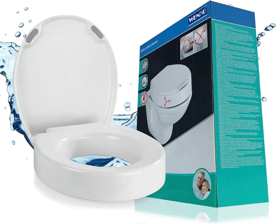 WENKO WC Sitz mit 8 cm Sitzerhöhung, belastbar bis 300 kg, Toilettendeckel mit Absenkautomatik, aus antibakteriellem Duroplast, mit stabilen Anti-Rutsch-Puffern, Mod. Secura Comfort L, weiß