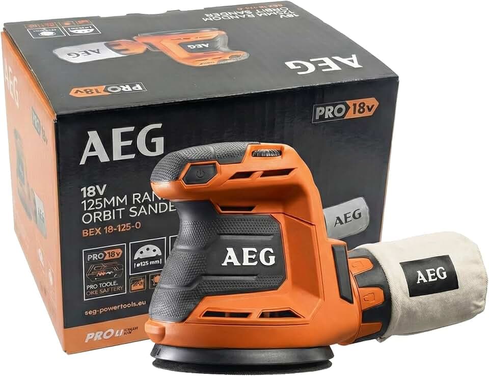 AEG 18 V PRO18V Akku-Exzenterschleifer BEX18-125-0 (Schleifteller-Ø 125 mm, Schwingzahl 0-22.000 min-1, Staubabsaugung, inkl, 1 x Schleifpapier, 1 x Staubbeutel, ohne Akku & Ladegerät, im Karton)