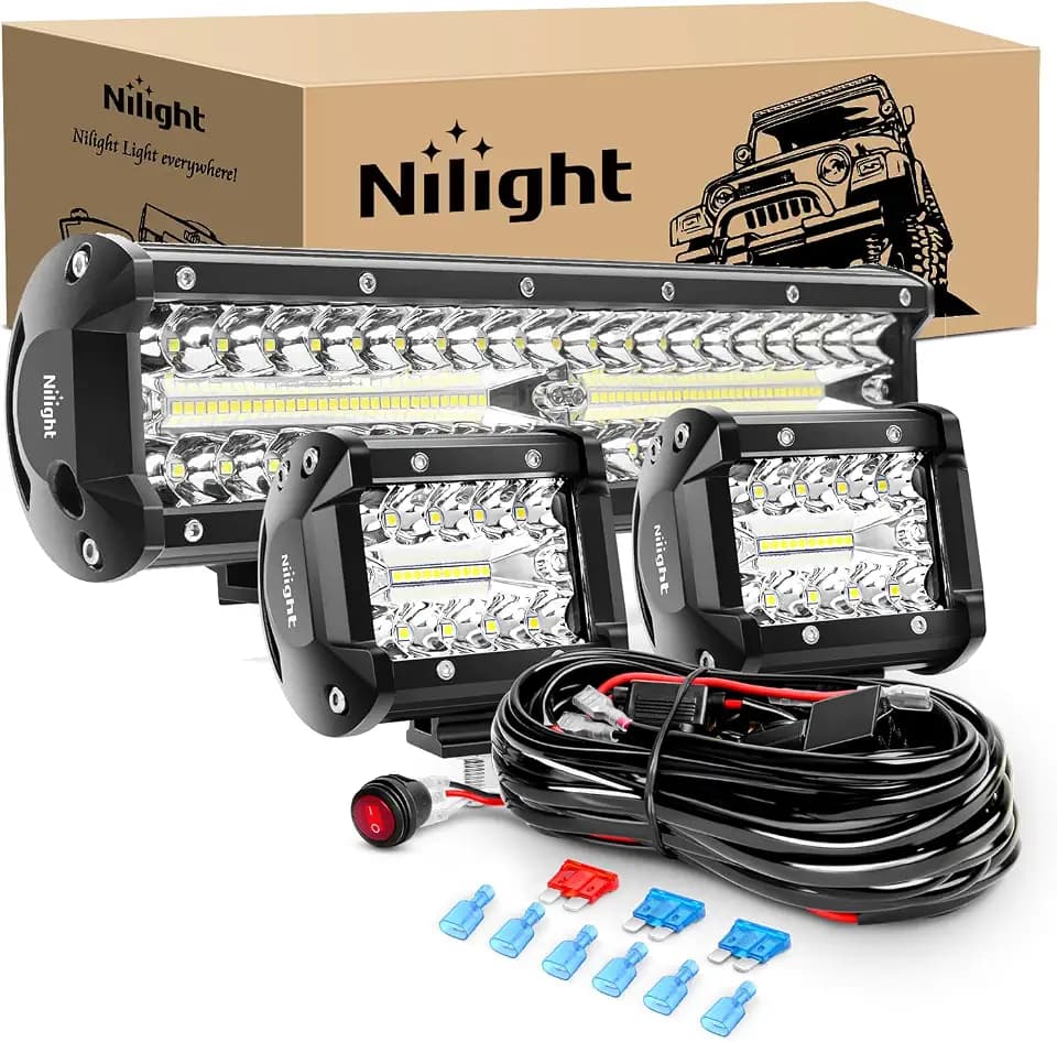 Nilight LED Light Bar Set, 12 Inch 300W Triple Row Spot Flood Combo Work Driving Lamp, 2 Pcs 4 inch 60 W with Wiring Harness for Off road ATV Boat Lighting, Year Warranty