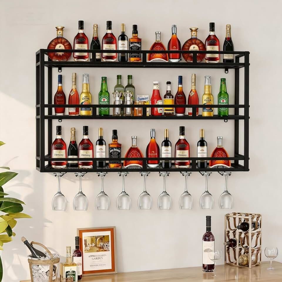 39 Inch Metal Wine Rack Wall Mounted, Bar Shelves for Liquor Bottles with LED Light, 3 Tier Large Capacity Liquor Rack Wall Mounted with Glass Holder for Home Bar & Dining Room, Black